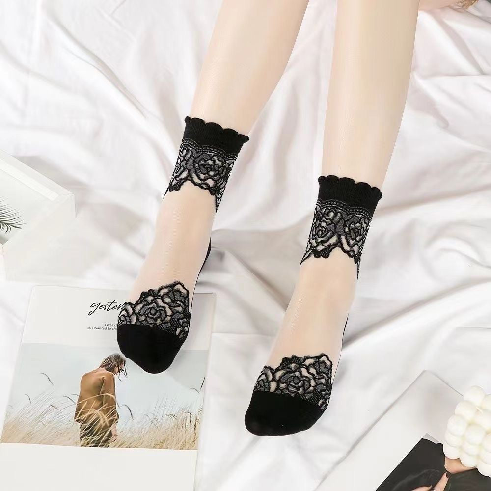 3 Pairs Women'S Thin Translucent Lace Short Socks, Comfortable Breathable Non-Slip Boat Socks