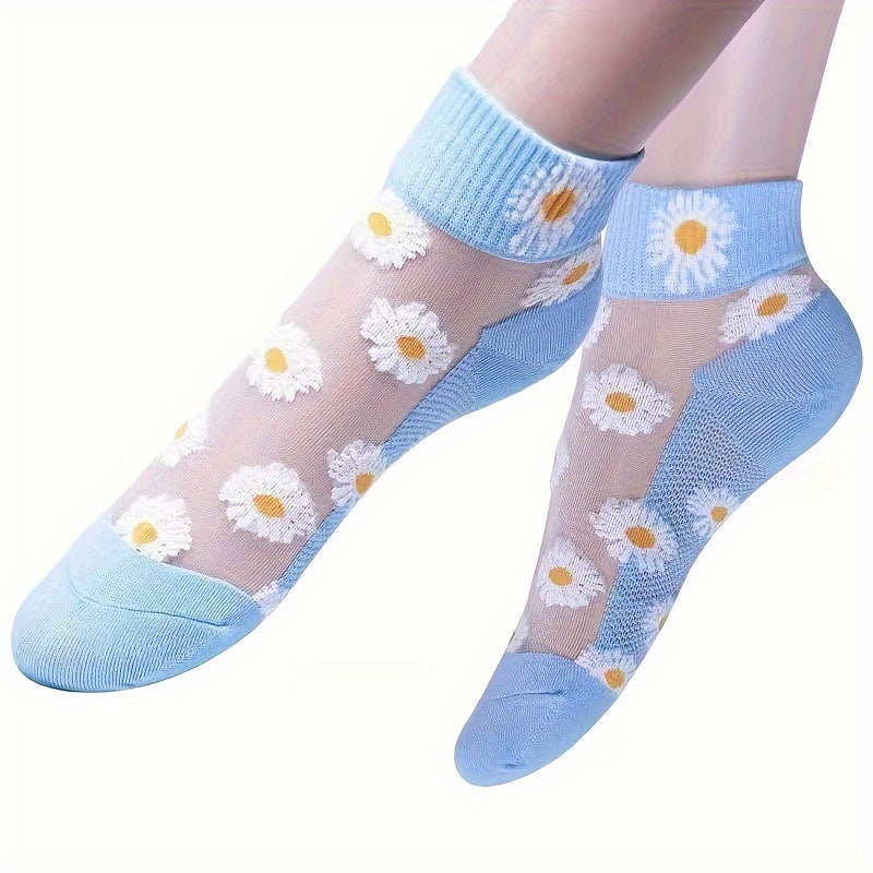 Pack of 10pcs (5 Pairs) of Women'S Socks with Sunflower, Cute And Comfortable Breathable Boat Socks, Breathable And Lightweight, Transparent Short Socks, Popular And Cute Holiday Gifts