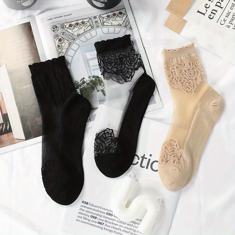 3 Pairs Women'S Thin Translucent Lace Short Socks, Comfortable Breathable Non-Slip Boat Socks