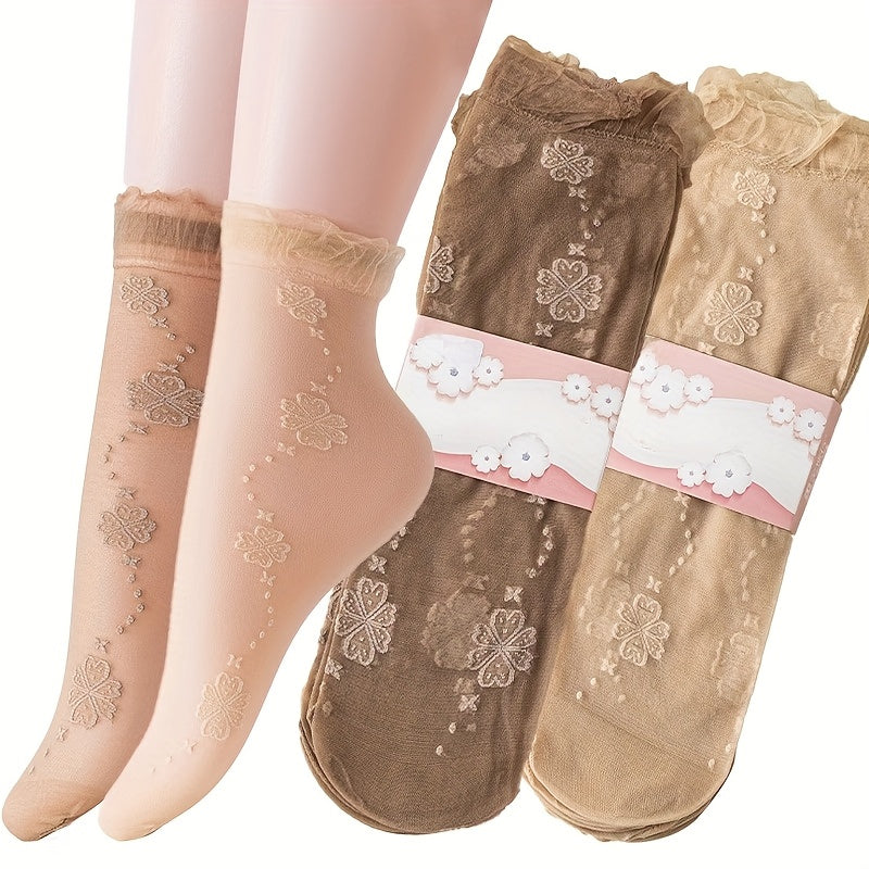 6Paris Elegant Lace Women'S Long Socks with Floral And Bow Pattern-Soft Blending, Spring Summer Transparent Ankle Socks, Breathable Design