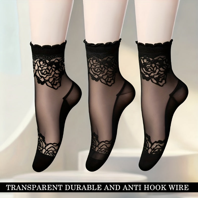 3 Pairs Women'S Thin Translucent Lace Short Socks, Comfortable Breathable Non-Slip Boat Socks
